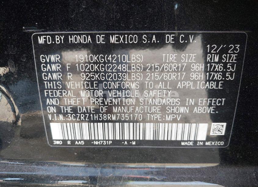 Photo 9 of 2024 Honda Hr-v 2WD LX (VIN 3CZRZ1H38RM735170)