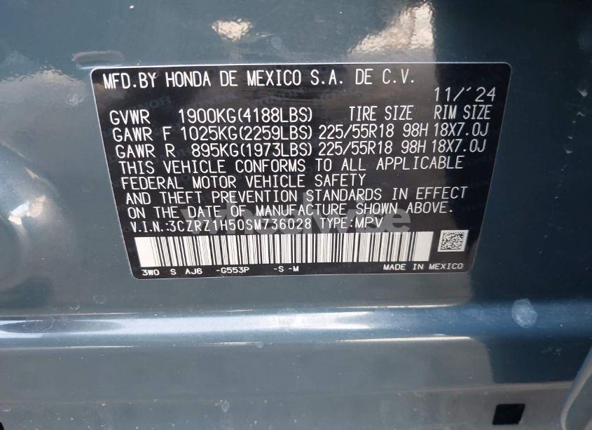 Photo 9 of 2025 Honda Hr-v 2WD SPORT (VIN 3CZRZ1H50SM736028)