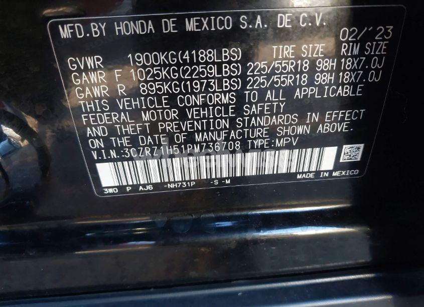 Photo 9 of 2023 Honda Hr-v 2WD SPORT (VIN 3CZRZ1H51PM736708)
