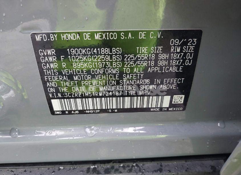 Photo 9 of 2024 Honda Hr-v 2WD SPORT/2WD SPORT W/O BSI (VIN 3CZRZ1H51RM724187)