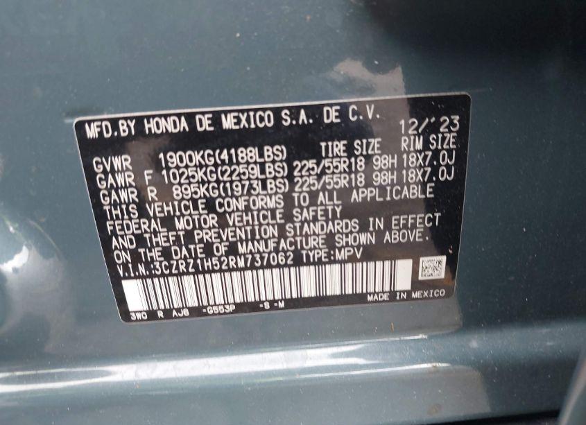 Photo 9 of 2024 Honda Hr-v 2WD SPORT/SPORT (VIN 3CZRZ1H52RM737062)