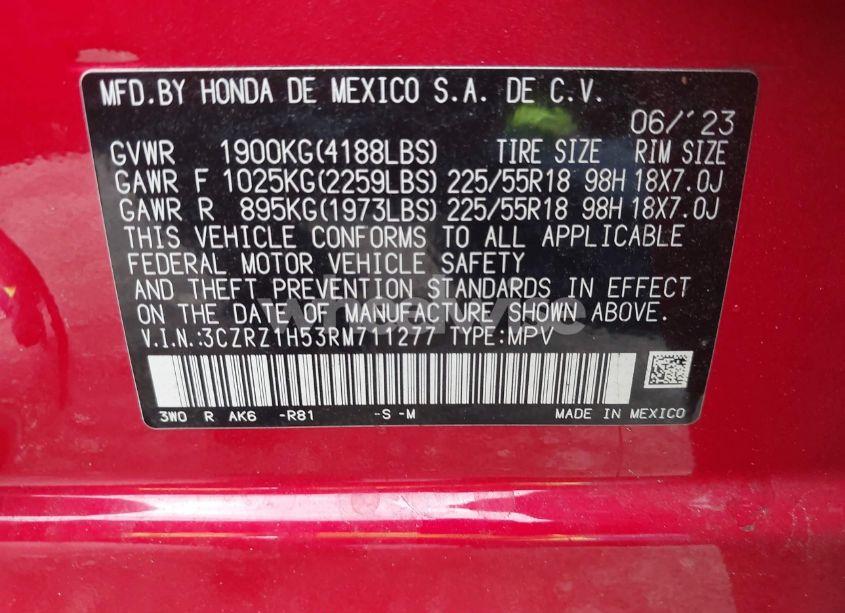 Photo 9 of 2024 Honda Hr-v 2WD SPORT/2WD SPORT W/O BSI (VIN 3CZRZ1H53RM711277)