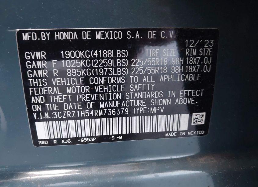 Photo 9 of 2024 Honda Hr-v 2WD SPORT/2WD SPORT W/O BSI (VIN 3CZRZ1H54RM736379)