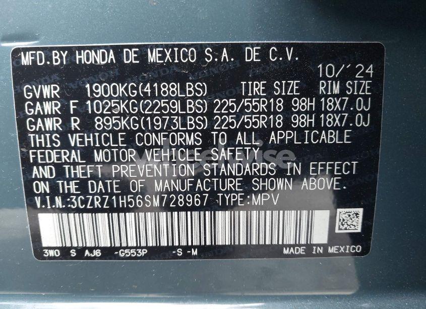 Photo 9 of 2025 Honda Hr-v 2WD SPORT (VIN 3CZRZ1H56SM728967)