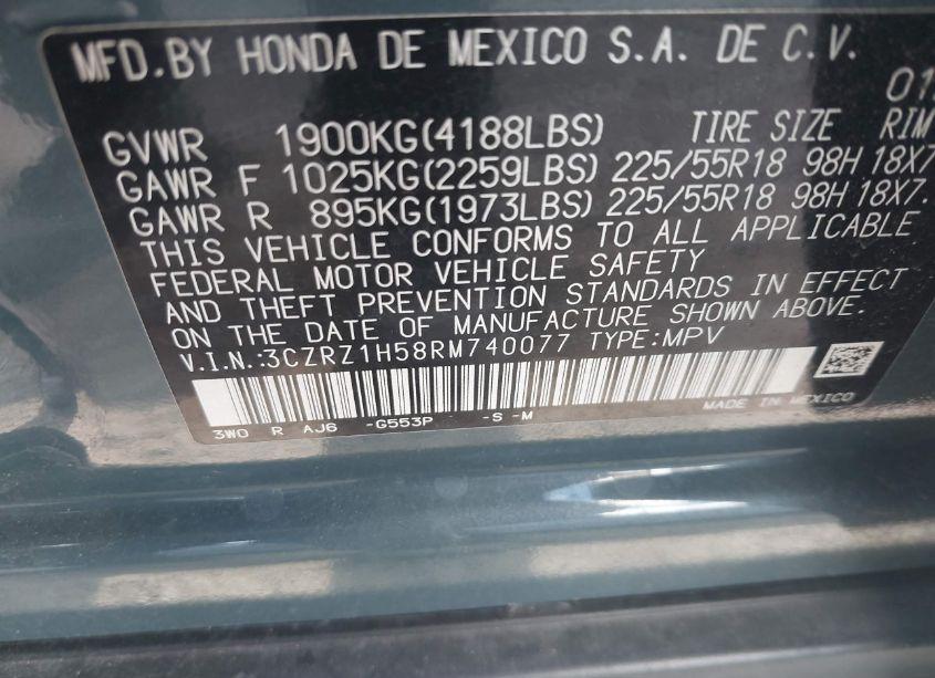 Photo 9 of 2024 Honda Hr-v 2WD SPORT/SPORT (VIN 3CZRZ1H58RM740077)