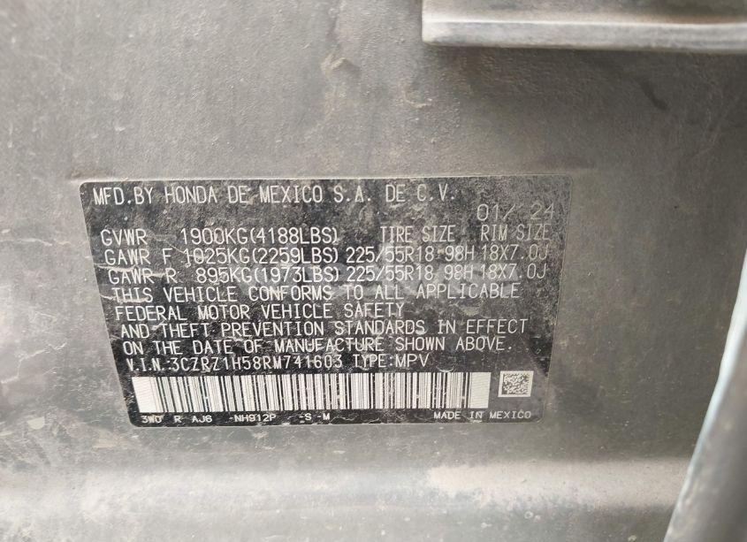 Photo 9 of 2024 Honda Hr-v 2WD SPORT/2WD SPORT W/O BSI (VIN 3CZRZ1H58RM741603)