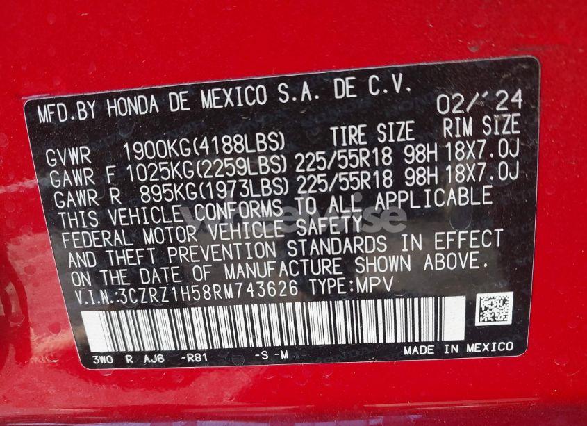 Photo 9 of 2024 Honda Hr-v 2WD SPORT/2WD SPORT W/O BSI (VIN 3CZRZ1H58RM743626)