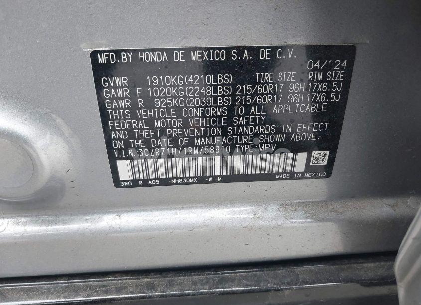 Photo 9 of 2024 Honda Hr-v 2WD EX-L/2WD EX-L W/O BSI (VIN 3CZRZ1H71RM758910)