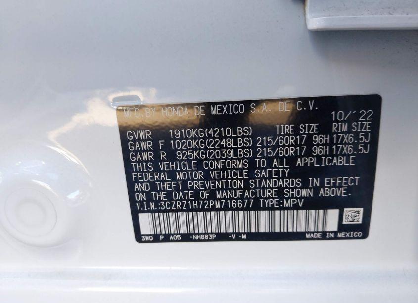 Photo 9 of 2023 Honda Hr-v 2WD EX-L (VIN 3CZRZ1H72PM716677)