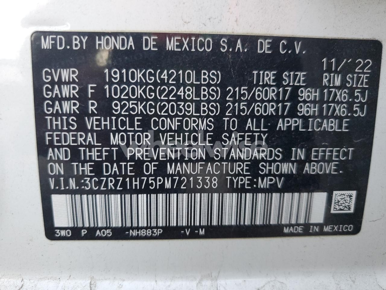 Photo 14 of 2023 HONDA HR-V EXL (VIN 3CZRZ1H75PM721338)