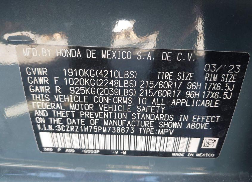 Photo 9 of 2023 Honda Hr-v 2WD EX-L (VIN 3CZRZ1H75PM738673)