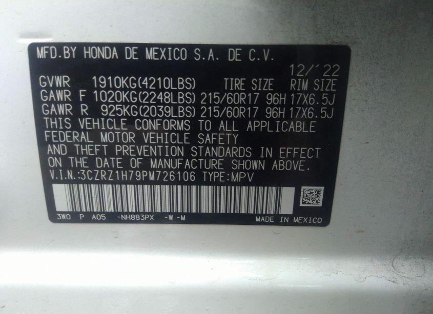 Photo 9 of 2023 Honda Hr-v 2WD EX-L (VIN 3CZRZ1H79PM726106)