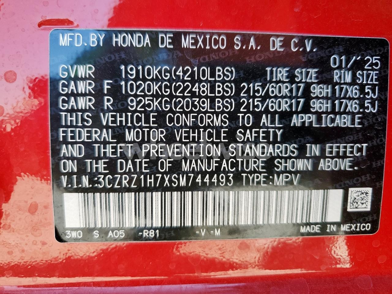 Photo 14 of 2025 HONDA HR-V EXL (VIN 3CZRZ1H7XSM744493)