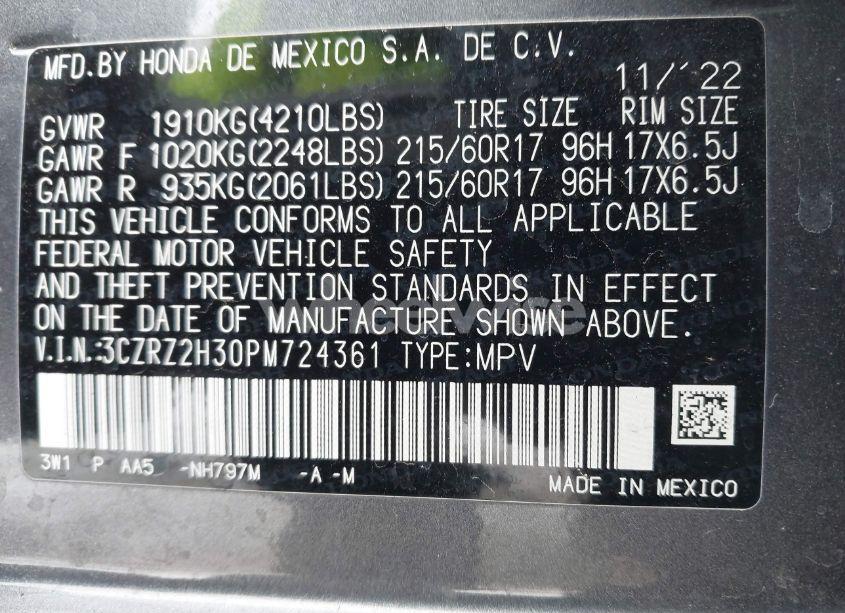 Photo 9 of 2023 Honda Hr-v AWD LX (VIN 3CZRZ2H30PM724361)