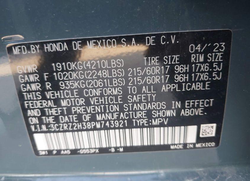 Photo 9 of 2023 Honda Hr-v AWD LX (VIN 3CZRZ2H38PM743921)