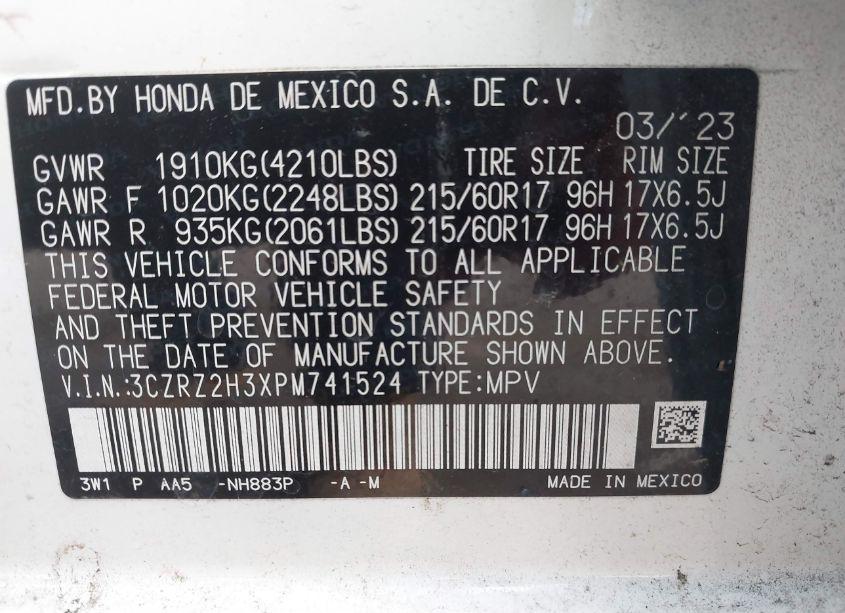 Photo 9 of 2023 Honda Hr-v AWD LX (VIN 3CZRZ2H3XPM741524)