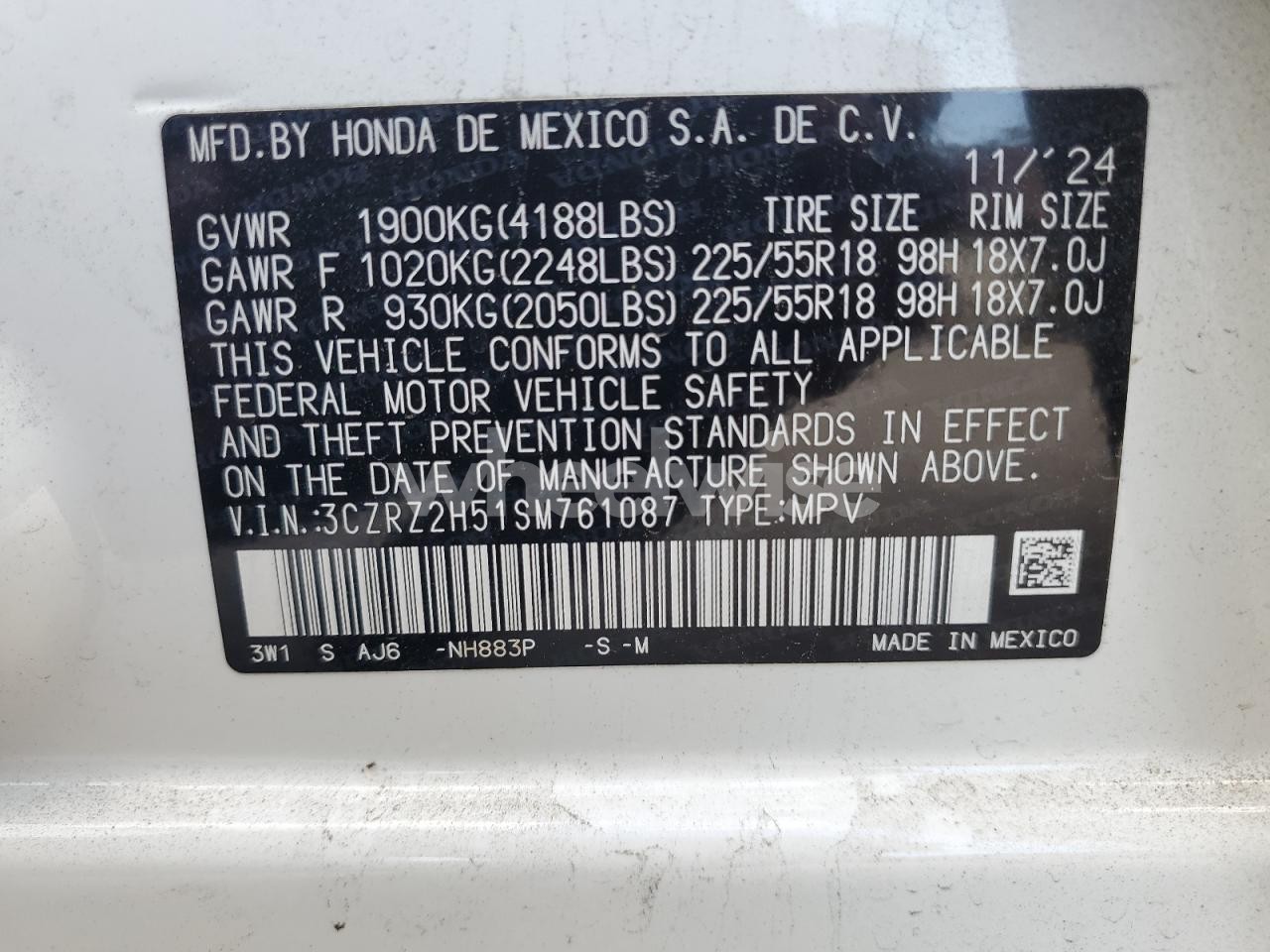 Photo 13 of 2025 HONDA HR-V SPORT (VIN 3CZRZ2H51SM761087)