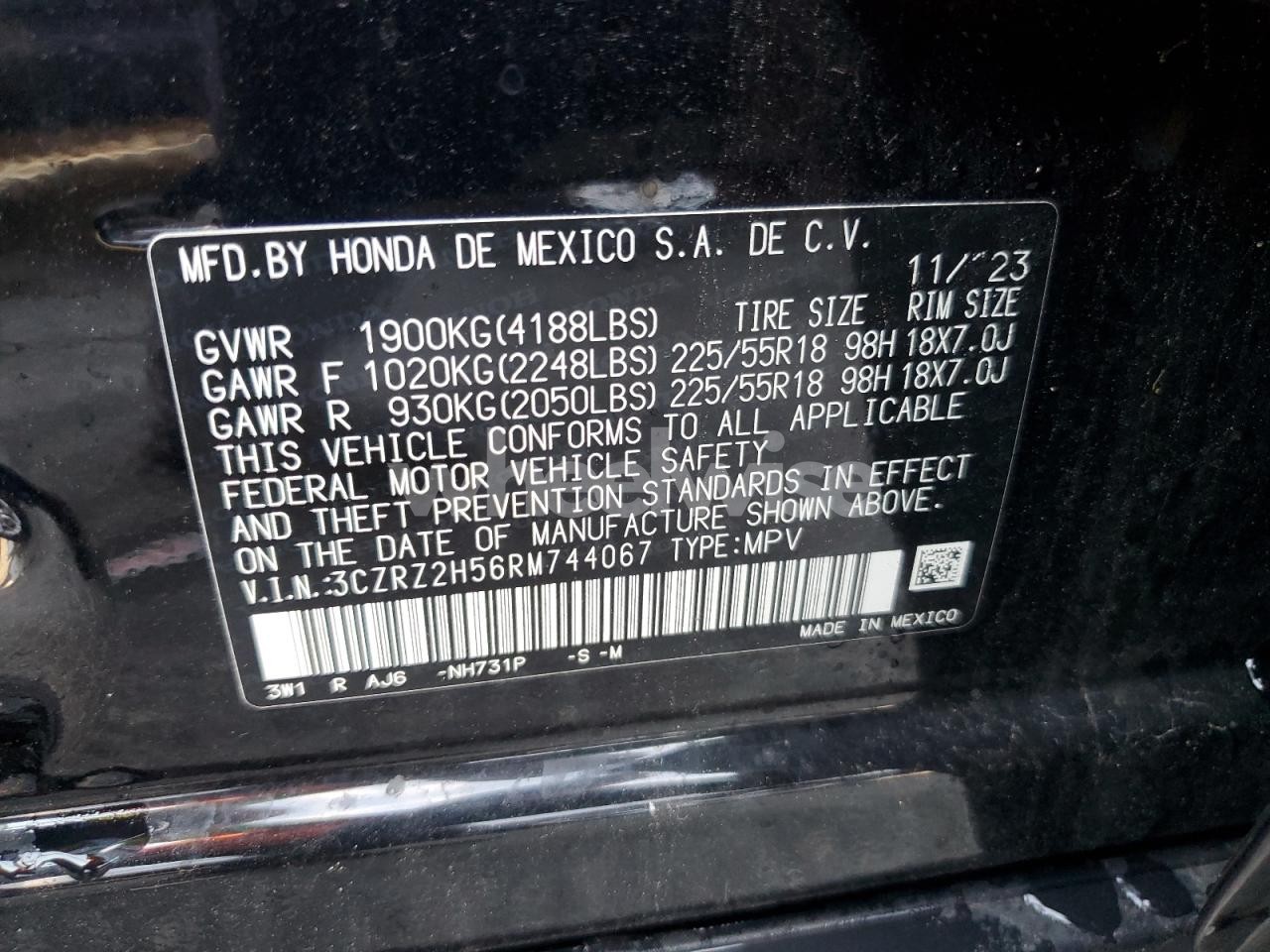 Photo 14 of 2024 HONDA HR-V SPORT (VIN 3CZRZ2H56RM744067)