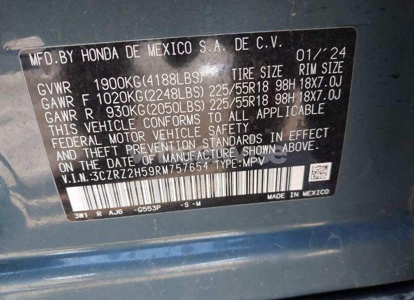 Photo 9 of 2024 Honda Hr-v AWD SPORT/AWD SPORT W/O BSI (VIN 3CZRZ2H59RM757654)