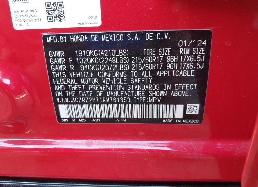 Photo 9 of 2024 Honda Hr-v AWD EX-L/AWD EX-L W/O BSI (VIN 3CZRZ2H71RM761859)