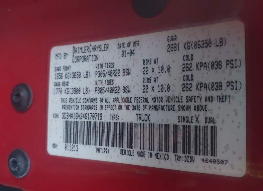 Photo 9 of 2004 Dodge Ram 1500 SRT-10 (VIN 3D3HA16H34G170719)