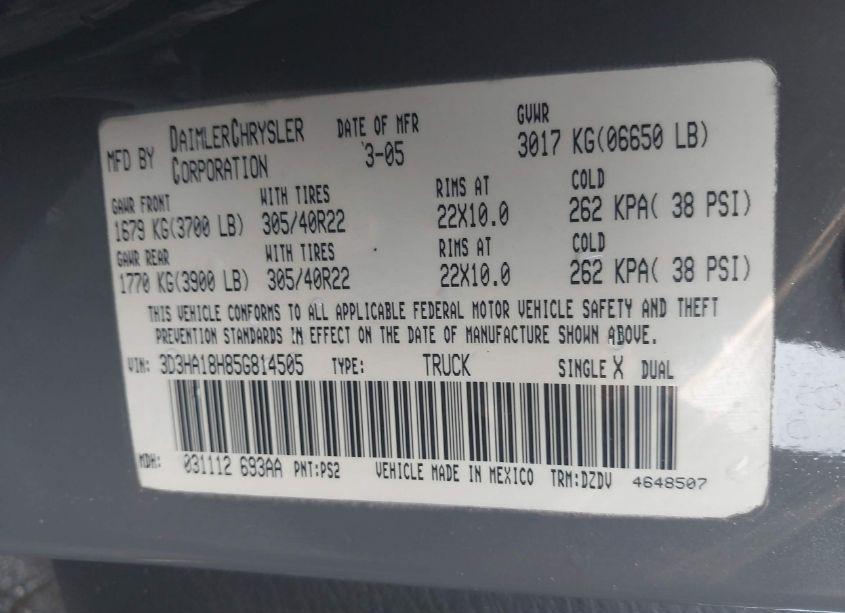 Photo 9 of 2005 Dodge Ram 1500 SRT-10 (VIN 3D3HA18H85G814505)