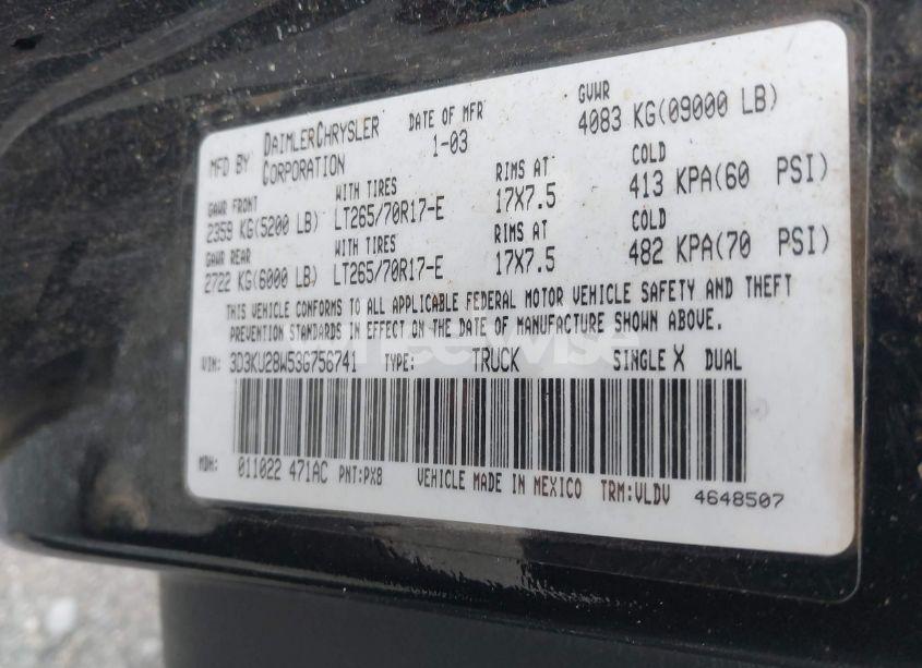 Photo 9 of 2003 Dodge Ram 2500 SLT/LARAMIE/ST (VIN 3D3KU28W53G756741)