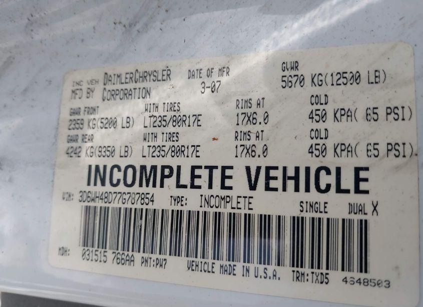 Photo 8 of 2007 Dodge Ram 3500 HD CHASSIS ST/SLT/LARAMIE (VIN 3D6WH48D77G787854)