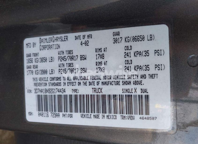 Photo 9 of 2002 Dodge Ram 1500 SLT (VIN 3D7HA18N92G174434)