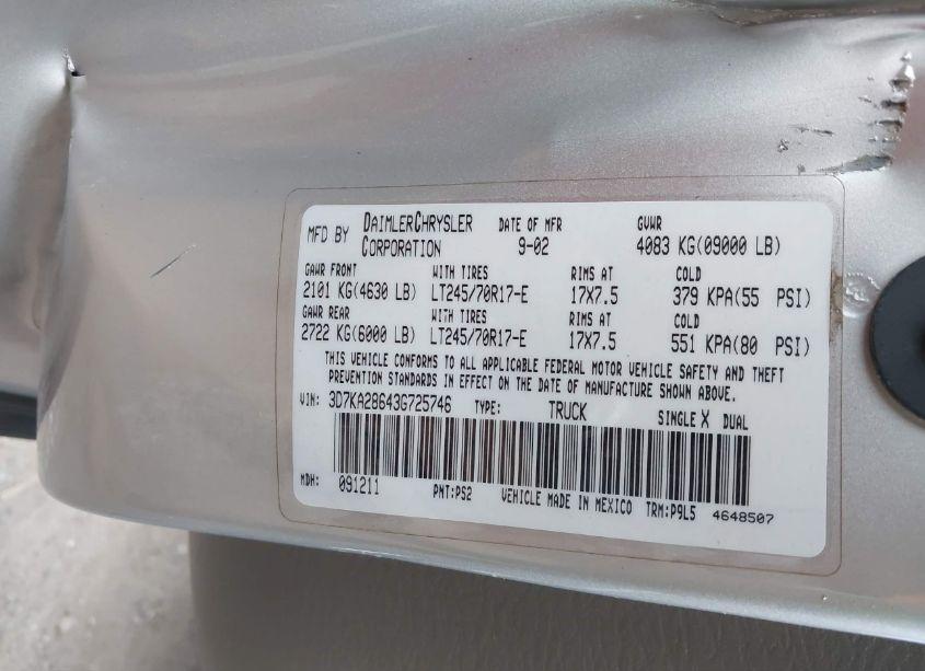 Photo 9 of 2003 Dodge Ram 2500 SLT/LARAMIE/ST (VIN 3D7KA28643G725746)