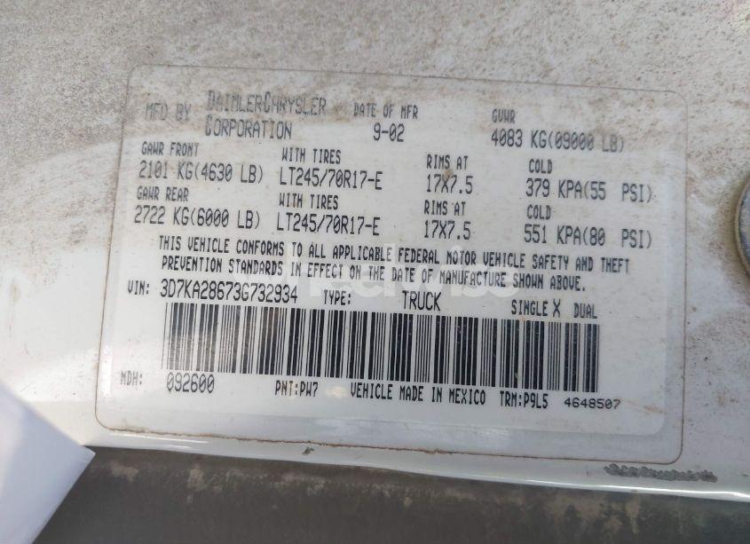 Photo 9 of 2003 Dodge Ram 2500 SLT/LARAMIE/ST (VIN 3D7KA28673G732934)