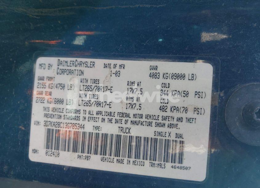 Photo 9 of 2003 Dodge Ram 2500 SLT/LARAMIE/ST (VIN 3D7KA28C13G785344)