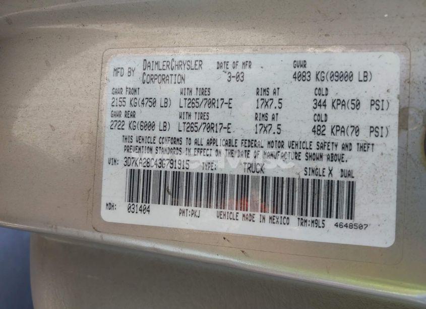 Photo 9 of 2003 Dodge Ram 2500 SLT/LARAMIE/ST (VIN 3D7KA28C43G791915)