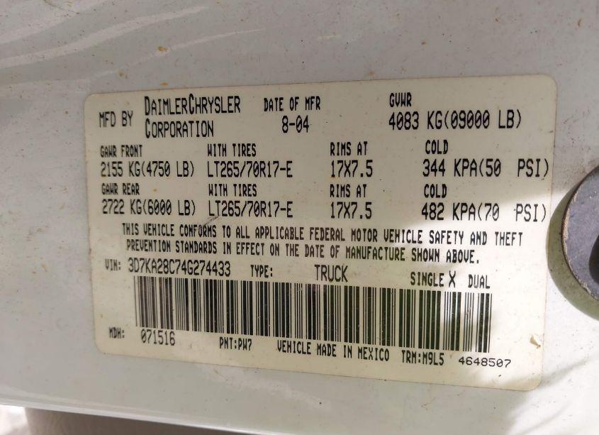 Photo 9 of 2004 Dodge Ram 2500 SLT/LARAMIE (VIN 3D7KA28C74G274433)