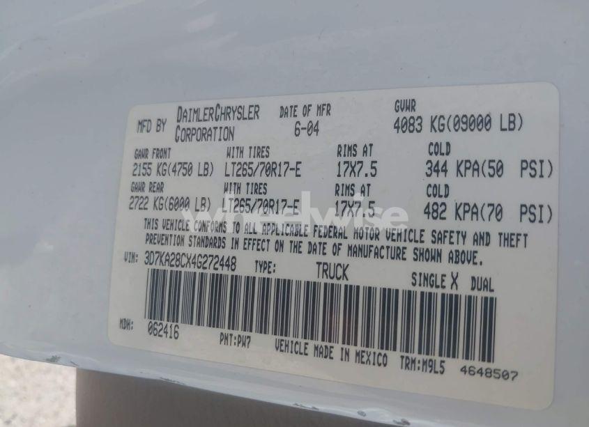 Photo 9 of 2004 Dodge Ram 2500 SLT/LARAMIE (VIN 3D7KA28CX4G272448)