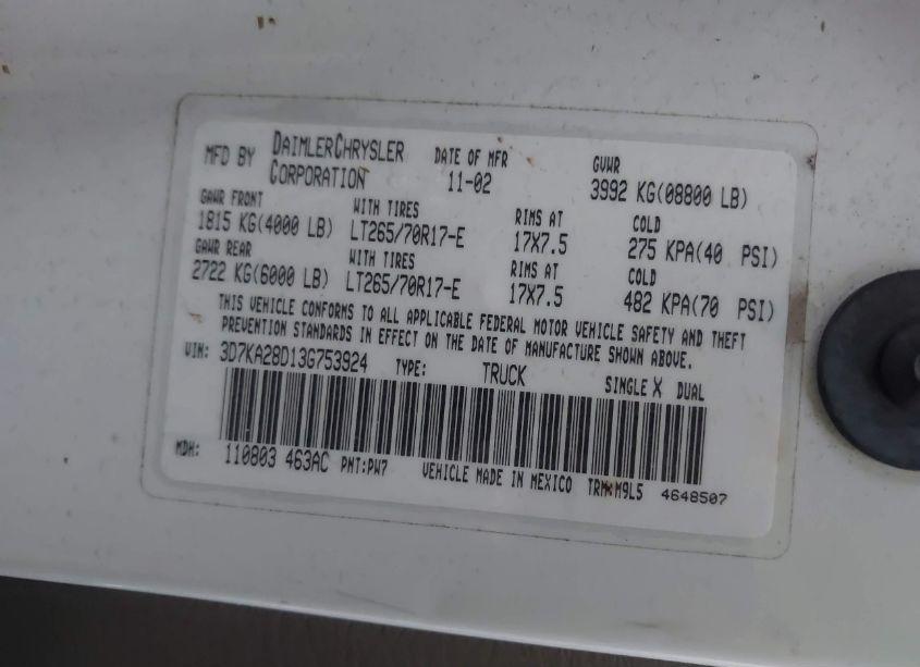 Photo 9 of 2003 Dodge Ram 2500 SLT/LARAMIE/ST (VIN 3D7KA28D13G753924)