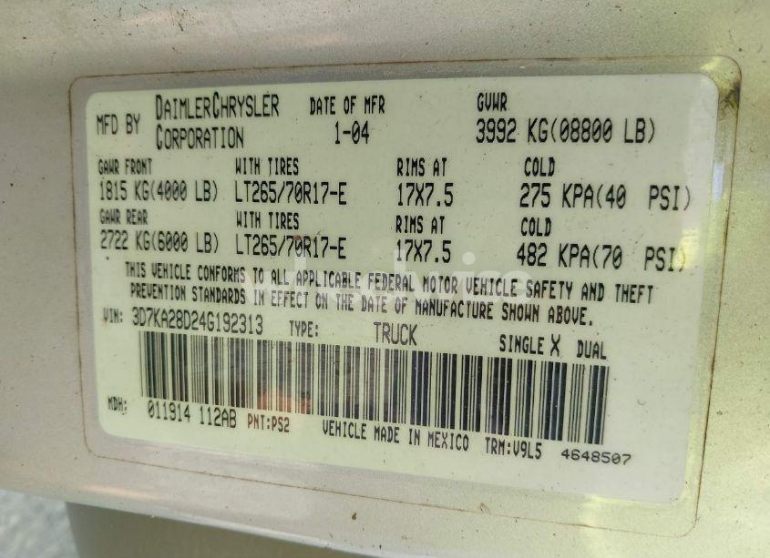 Photo 9 of 2004 Dodge Ram 2500 SLT/LARAMIE (VIN 3D7KA28D24G192313)