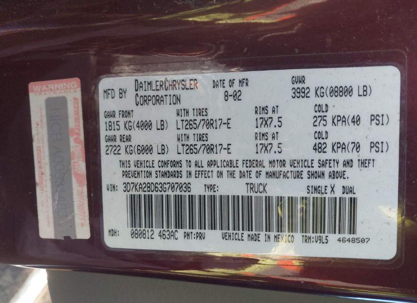 Photo 9 of 2003 Dodge Ram 2500 (VIN 3D7KA28D63G707036)