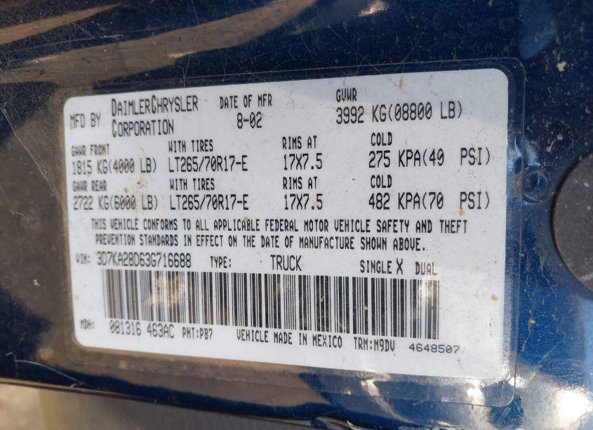 Photo 9 of 2003 Dodge Ram 2500 SLT/LARAMIE/ST (VIN 3D7KA28D63G716688)