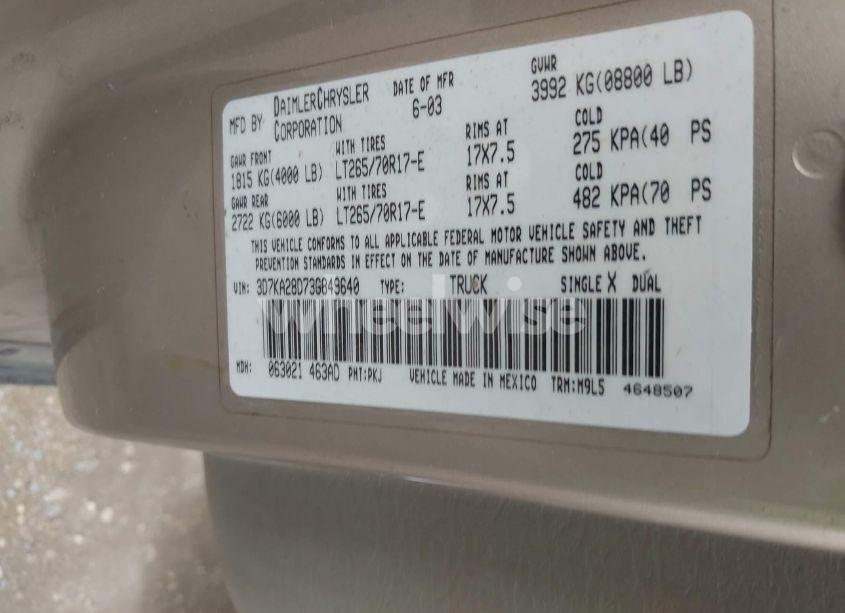 Photo 9 of 2003 Dodge Ram 2500 SLT/LARAMIE/ST (VIN 3D7KA28D73G849640)