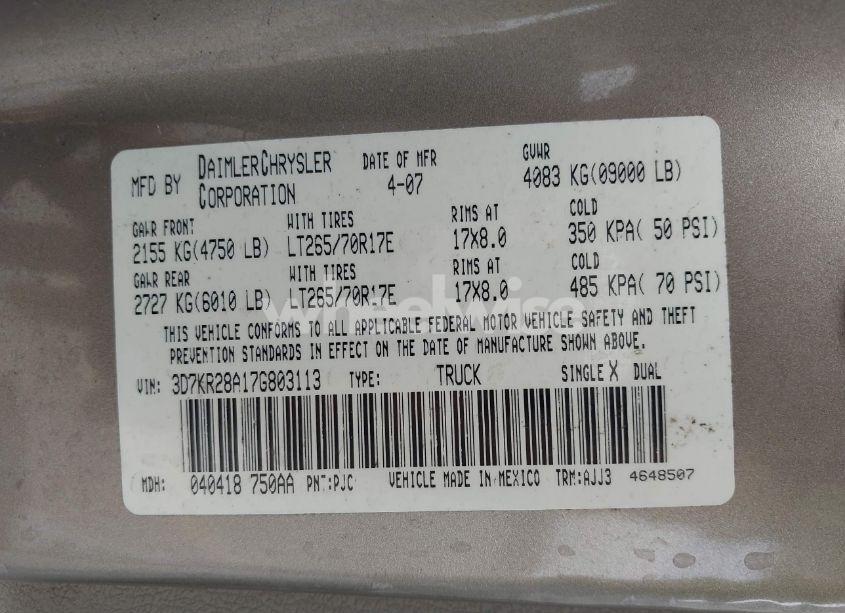 Photo 9 of 2007 Dodge Ram 2500 SLT/SPORT (VIN 3D7KR28A17G803113)