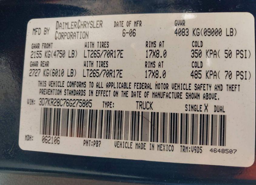 Photo 9 of 2006 Dodge Ram 2500 SLT (VIN 3D7KR28C76G275805)