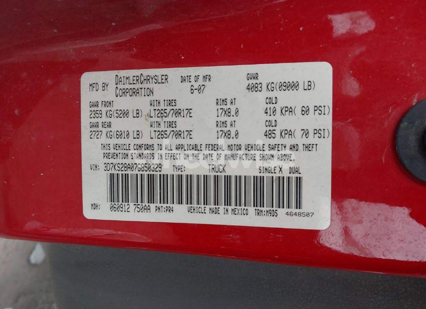 Photo 9 of 2007 Dodge Ram 2500 SLT/SPORT (VIN 3D7KS28A07G850329)