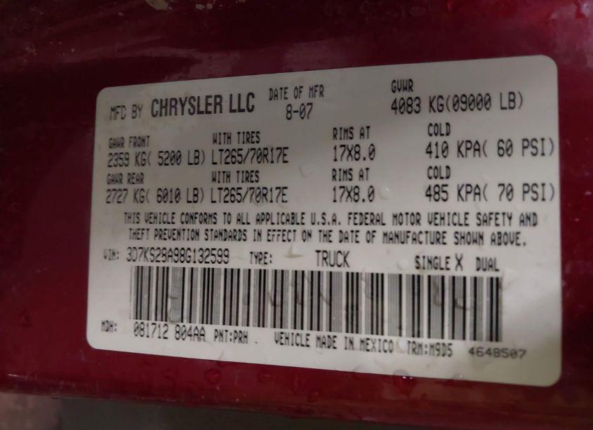 Photo 9 of 2008 Dodge Ram 2500 SLT/POWER WAGON (VIN 3D7KS28A98G132599)