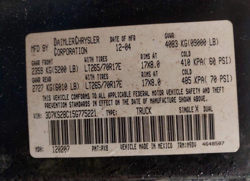 Photo 9 of 2005 Dodge Ram 2500 SLT/LARAMIE (VIN 3D7KS28C15G775221)