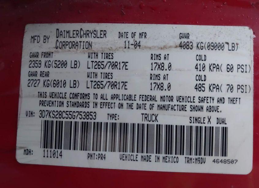 Photo 9 of 2005 Dodge Ram 2500 SLT/LARAMIE (VIN 3D7KS28C55G753853)