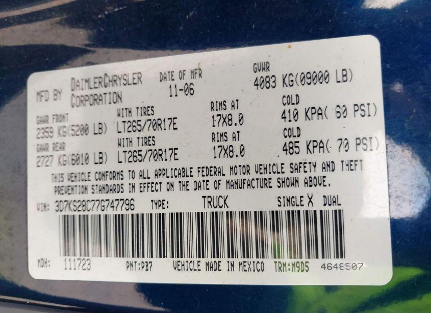 Photo 9 of 2007 Dodge Ram 2500 SLT/TRX4 OFF ROAD/SPORT/POWER WAGON (VIN 3D7KS28C77G747796)