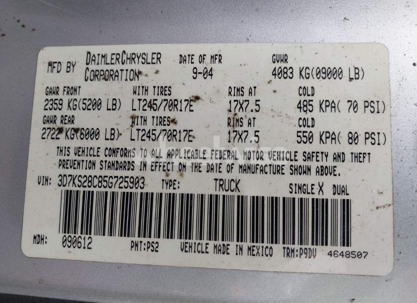 Photo 9 of 2005 Dodge Ram 2500 ST (VIN 3D7KS28C85G725903)