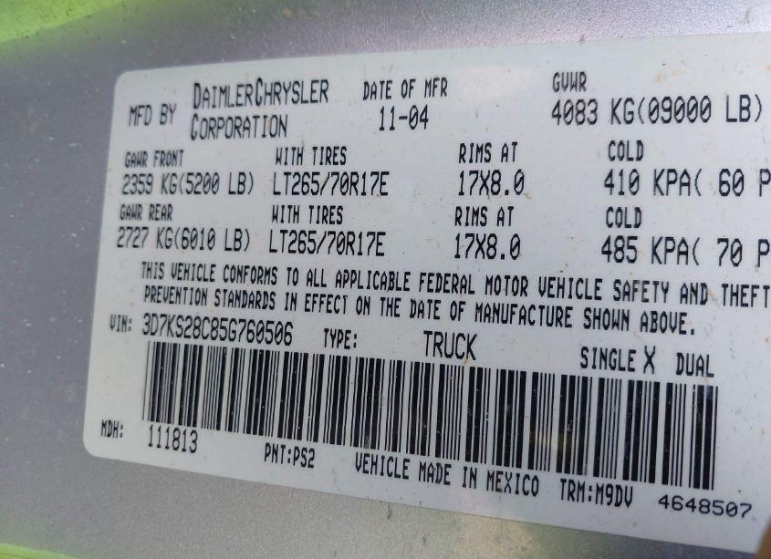 Photo 9 of 2005 Dodge Ram 2500 SLT/LARAMIE (VIN 3D7KS28C85G760506)