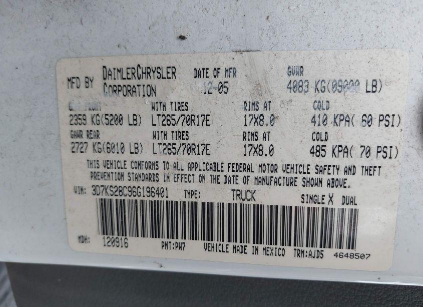 Photo 9 of 2006 Dodge Ram 2500 SLT/SPORT (VIN 3D7KS28C96G196401)